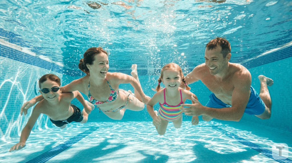 happy family swimming underwater in a pool